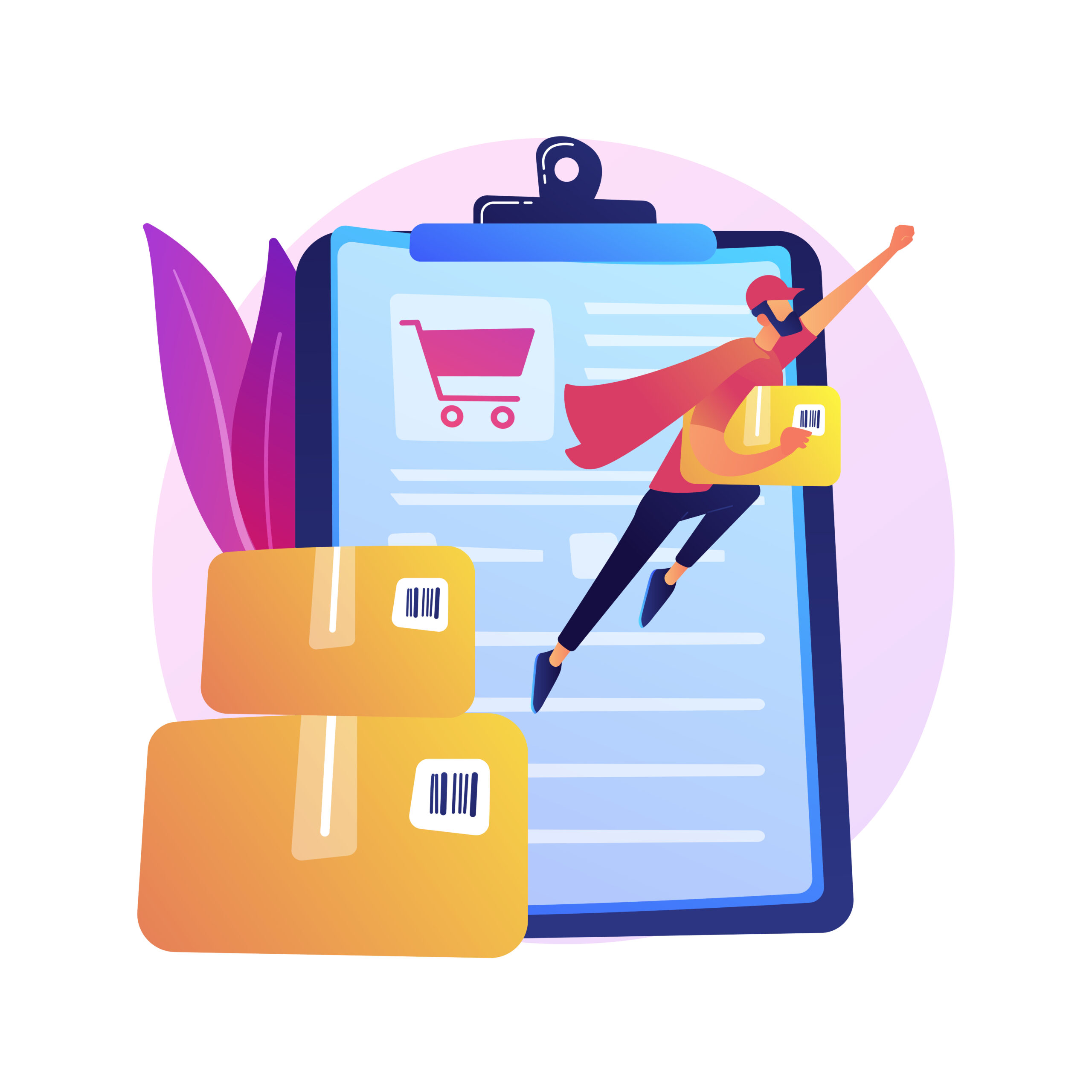 Online order delivery service vector concept metaphor. Online order delivery service, shipment. Internet shop basket, cardboard boxes, buyer with laptop. Delivery note on monitor screen and parcel. Vector isolated concept metaphor illustration.
